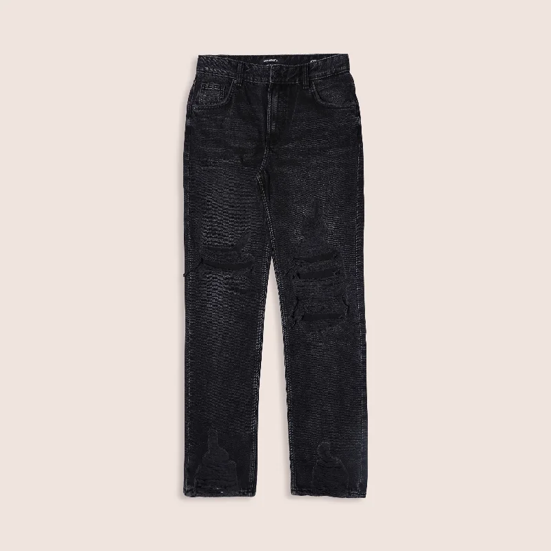 Women's Black Straight Fit Ripped Denim