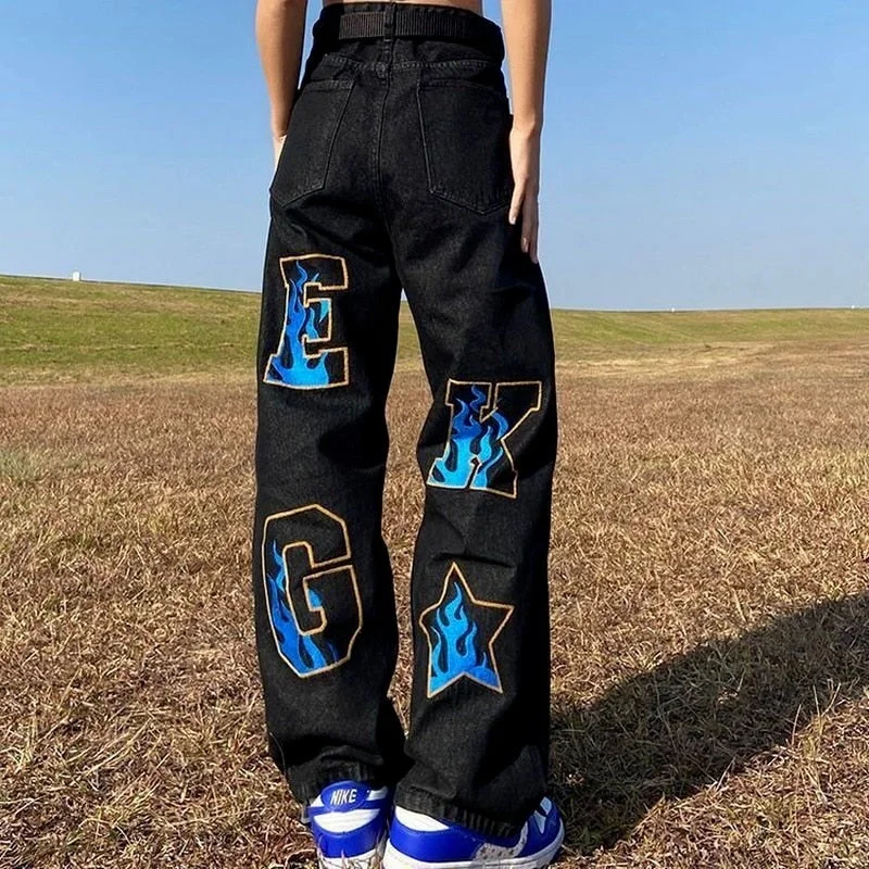 Awakecrm Men's American Retro Street Hip-Hop Print High Street Style Jeans Men And Women Loose Straight Wide-Leg Long Pants Ins Hot