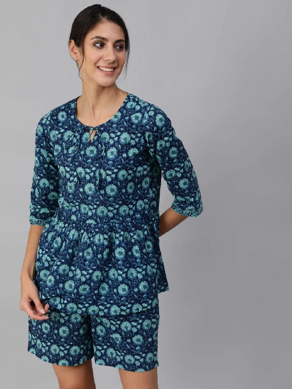 NOZ2TOZ Women Blue Floral Printed Night Suit Funny graphic pajama sets