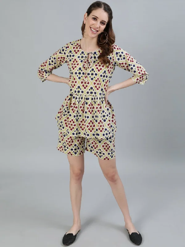 NOZ2TOZ Women Cream Printed Night suit Silk pajama sets