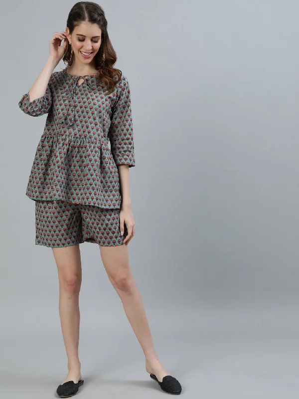 NOZ2TOZ Women Green Printed Night suit Linen pajama sets