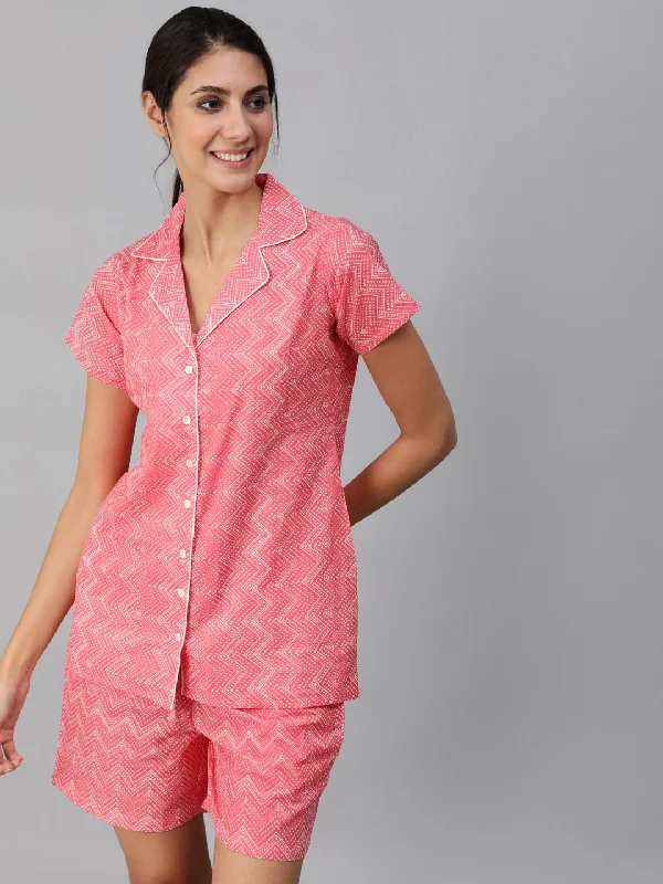 NOZ2TOZ Women Pink ZIg-Zac Printed Night Suit Men's pajama sets