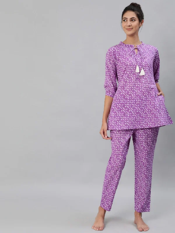 NOZ2TOZ Women Purple & White Printed Pure Cotton Night Suit Velvet pajama sets