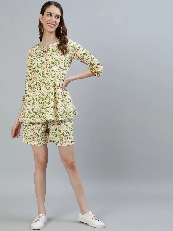 NOZ2TOZ Women Yellow Floral Printed Night suit Petite pajama sets