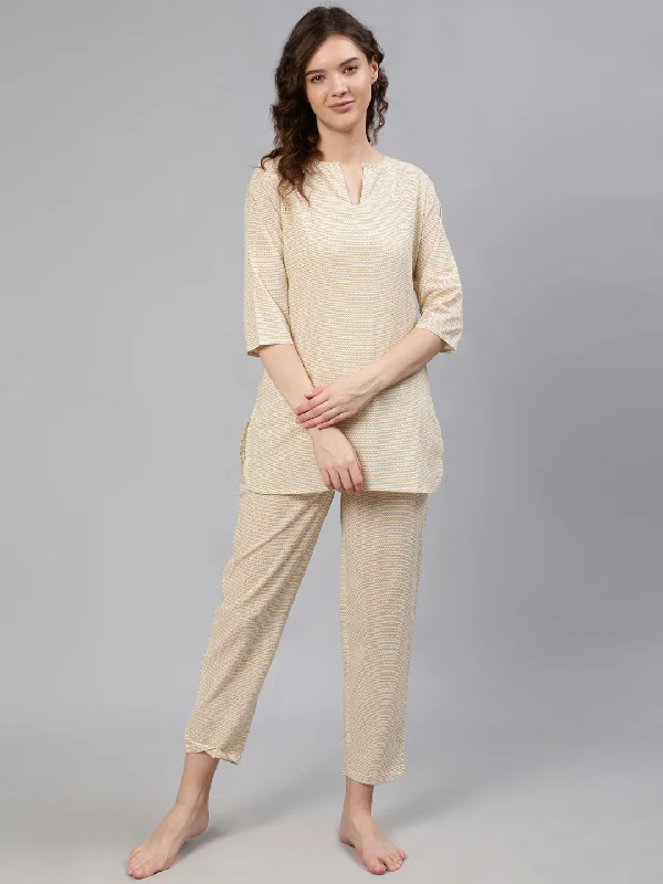 NOZ2TOZ Women Yellow Zig-Zag Printed Night Suit Summer pajama sets
