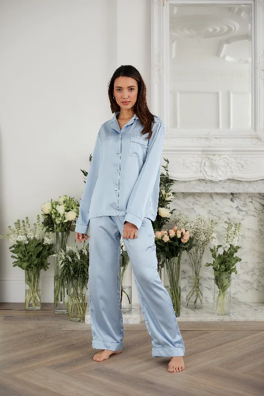 Personalised Luxury Satin Long Sleeve Pyjama Set - Sky Blue Plus size pajama sets