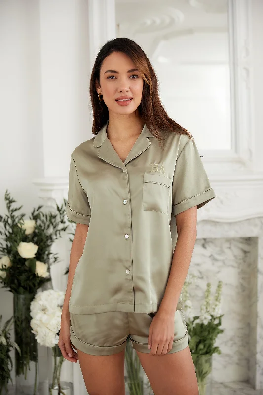 Personalised Luxury Satin Short Sleeve Pyjama Set - Sage Green Minimalist pajama sets