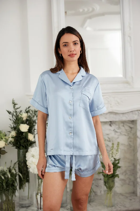 Personalised Luxury Satin Short Sleeve Pyjama Set - Sky Blue Flannel pajama sets