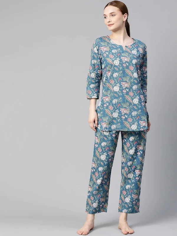 NOZ2TOZ Women's Blue Printed Cotton Nightwear