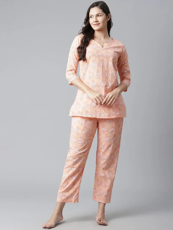 Wahe-NOOR Women's Peach Printed Cotton Nightwear