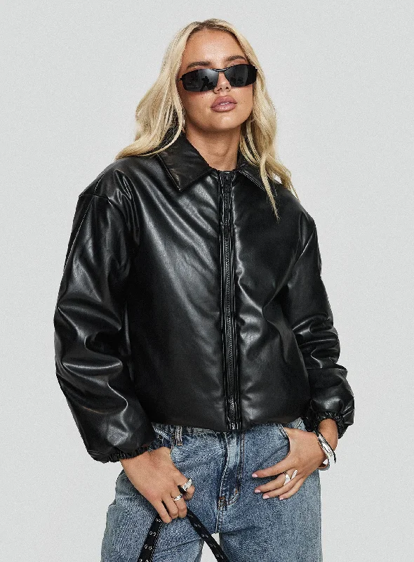 Nantes Faux Leather Bomber Jacket Black Women's trendy jackets