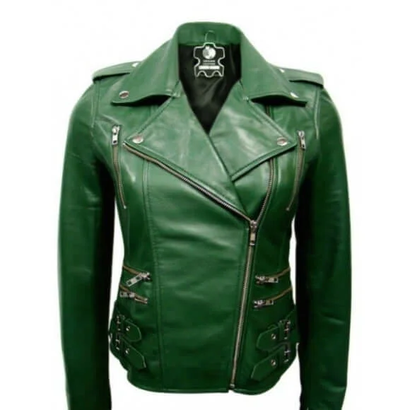 Stylish Women's BRANDO CLASSIC Green Leather Jacket, Ladies' Leather Jacket Women's puffer jackets