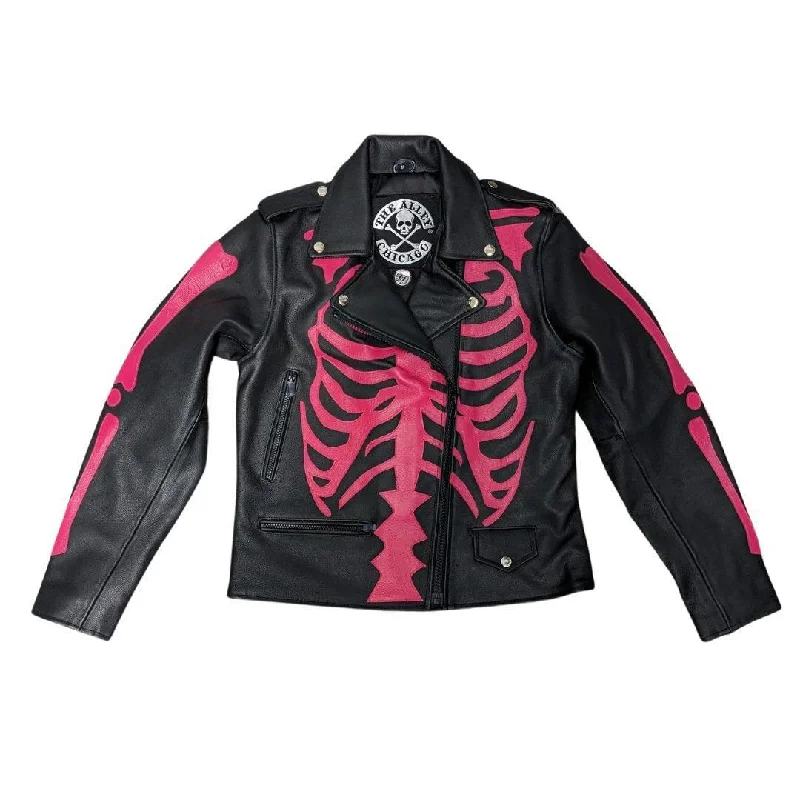 Womens Pink Skeleton Bones Classic Motorcycle Jacket Women's stylish jackets