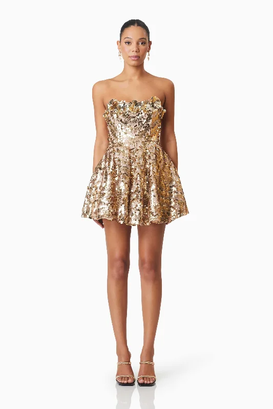 Alisha Strapless Fit & Flare Mini Dress In Gold Best mini dresses for petites