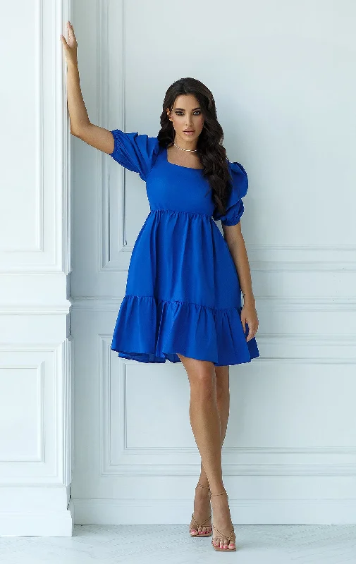 Blue Square Neck Puff-Sleeve Mini Dress Winter mini dresses