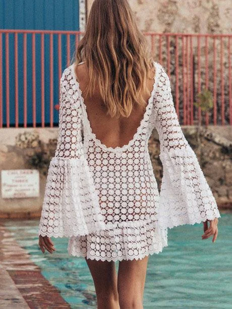 Lace Hollow Flared Sleeve Backless Mini Dress A-line mini dresses