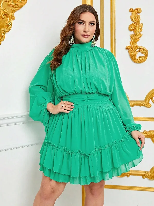 Plus Mock Neck Lantern Sleeves Ruffle Hem Chiffon Dress Hot new arrivals in mini dresses
