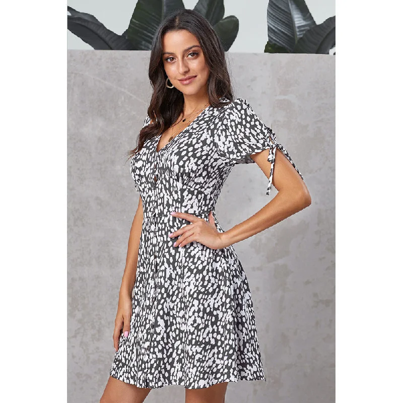 Printed sexy V-neck single-breasted short-sleeved high-waist loose Mini dresses Stretchy mini dresses