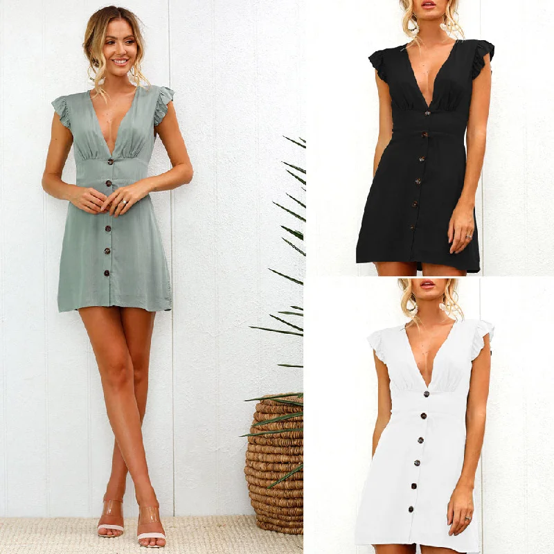 Sexy V-neck button design waist dress Best mini dresses for elegant looks
