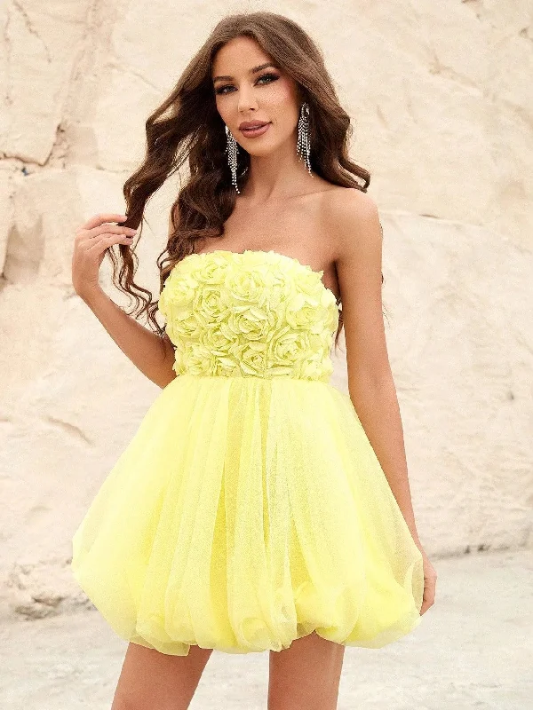 Tube Sleeveless 3D Flower Mini A Line Dress Cotton mini dresses