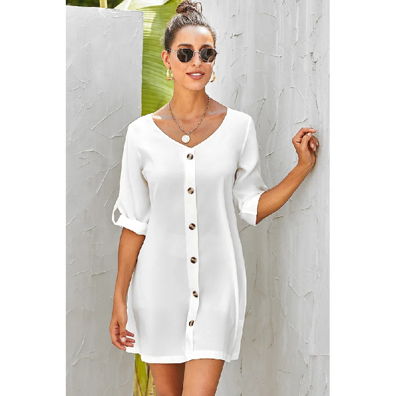 V-neck buckle design seven-point reel sleeve dress Forever 21 mini dresses