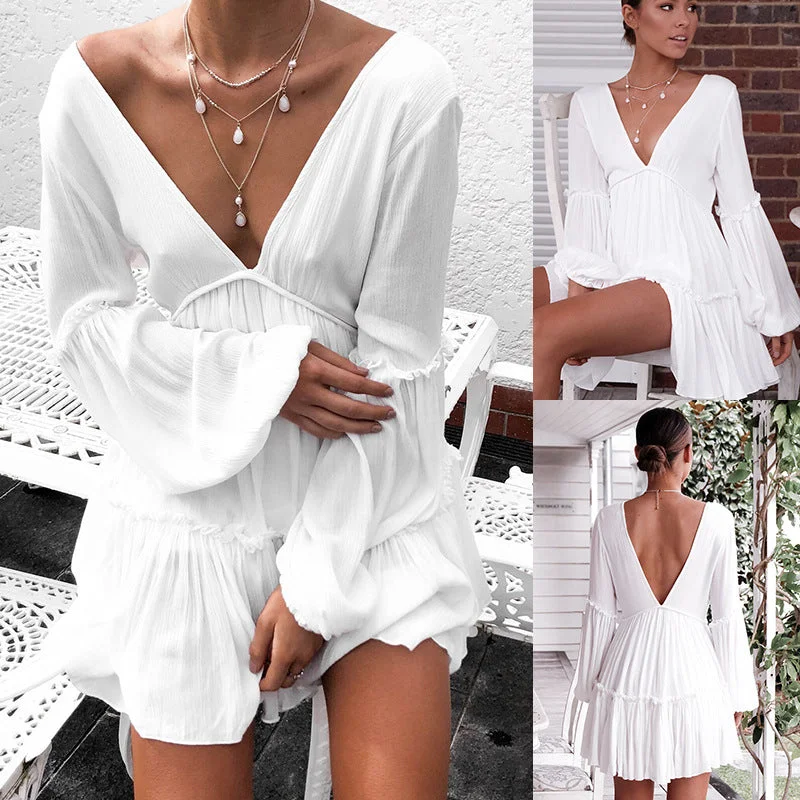 Women New Fashion Lantern Sleeve V-neck Mini Dress A-line mini dresses