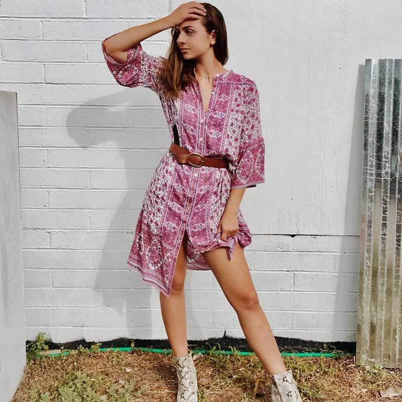 Women Summer Button-up Chic 3/4 Bell Sleeve Mini Dress Cute floral print mini dresses