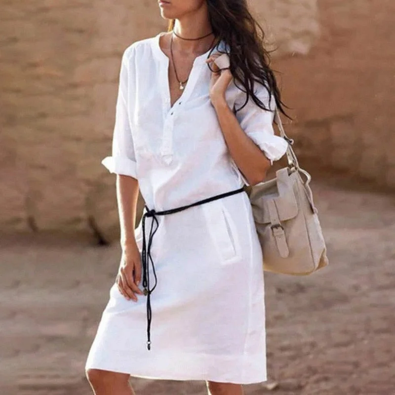 Women Summer Cotton Linen Long Sleeve V-neck Mini Dress Birthday mini dresses
