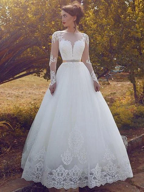 a line wedding dresses for bride lace applique beaded elegant cheap wedding gown robe de mariee Full Length Gown