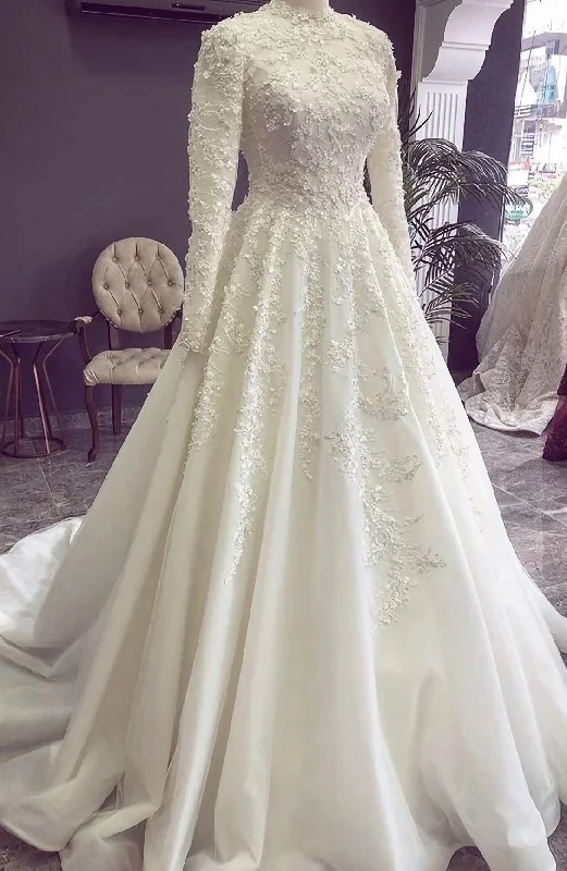 Ball Gown White Lace Wedding Dresses, Elegant Bridal Gown Prom Dress Illusion Lace Gown
