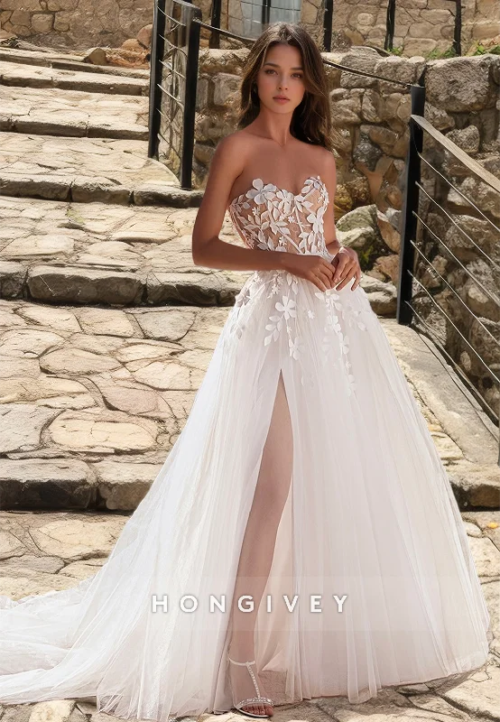 HONGIVEY Lace Applique Wedding Dress A-Line Side Slit Strapless Organza Tulle Bride Dress Lace Train Dress