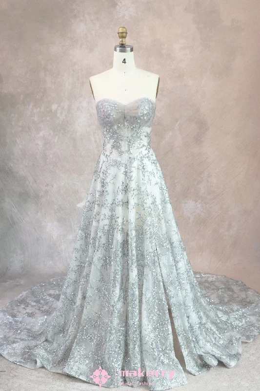 Glittering Silver Wedding Gown With Split Embroidered Wedding Dress