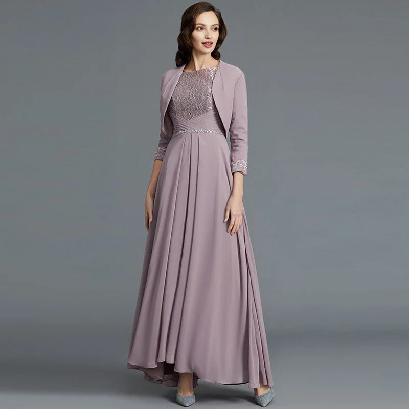 Graceful Two Pieces High Low Lace Mother of the Bride Dresses With Jacket Off-shoulder Bridal Dress