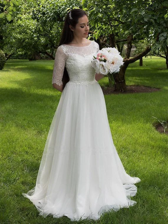 Long Sleeve A-line See Through Cheap Wedding Dresses Online, WD340 Ruffle Wedding Gown
