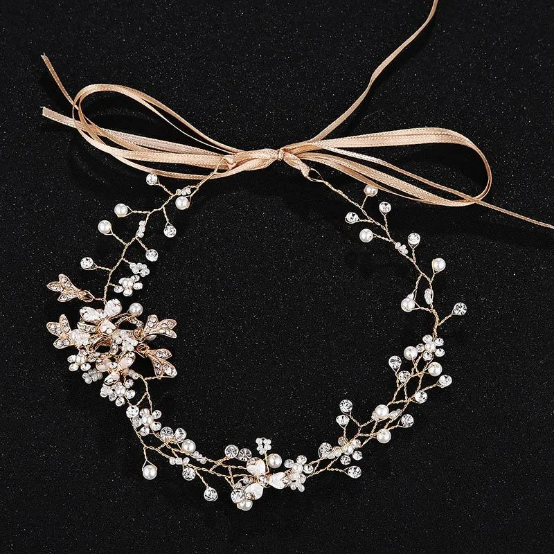 Lovely Handmade White Enamel Flower Crystal Leaf Design Pearl Bridal Headbands Luxury Wedding Dress
