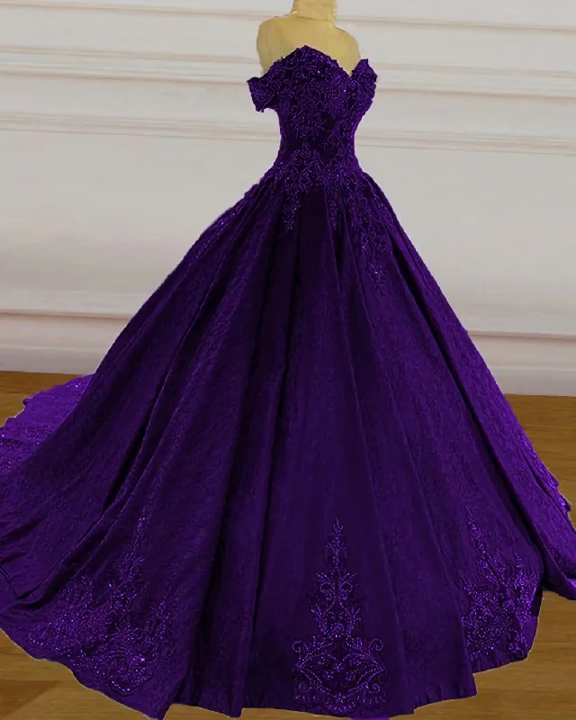 Purple Wedding Dresses, Lace Ball Gown Prom Dress, Off The Shoulder For Women Vintage Wedding Gown