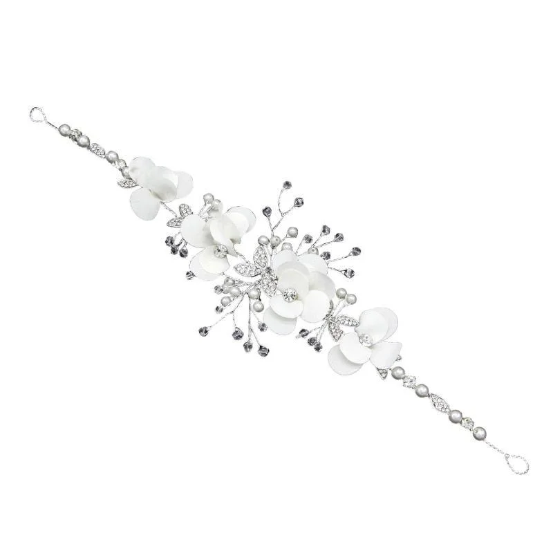 Romantic Women Wedding White Color Rhinestone Flower Pattern Hair Accessory Silk Wedding Gown