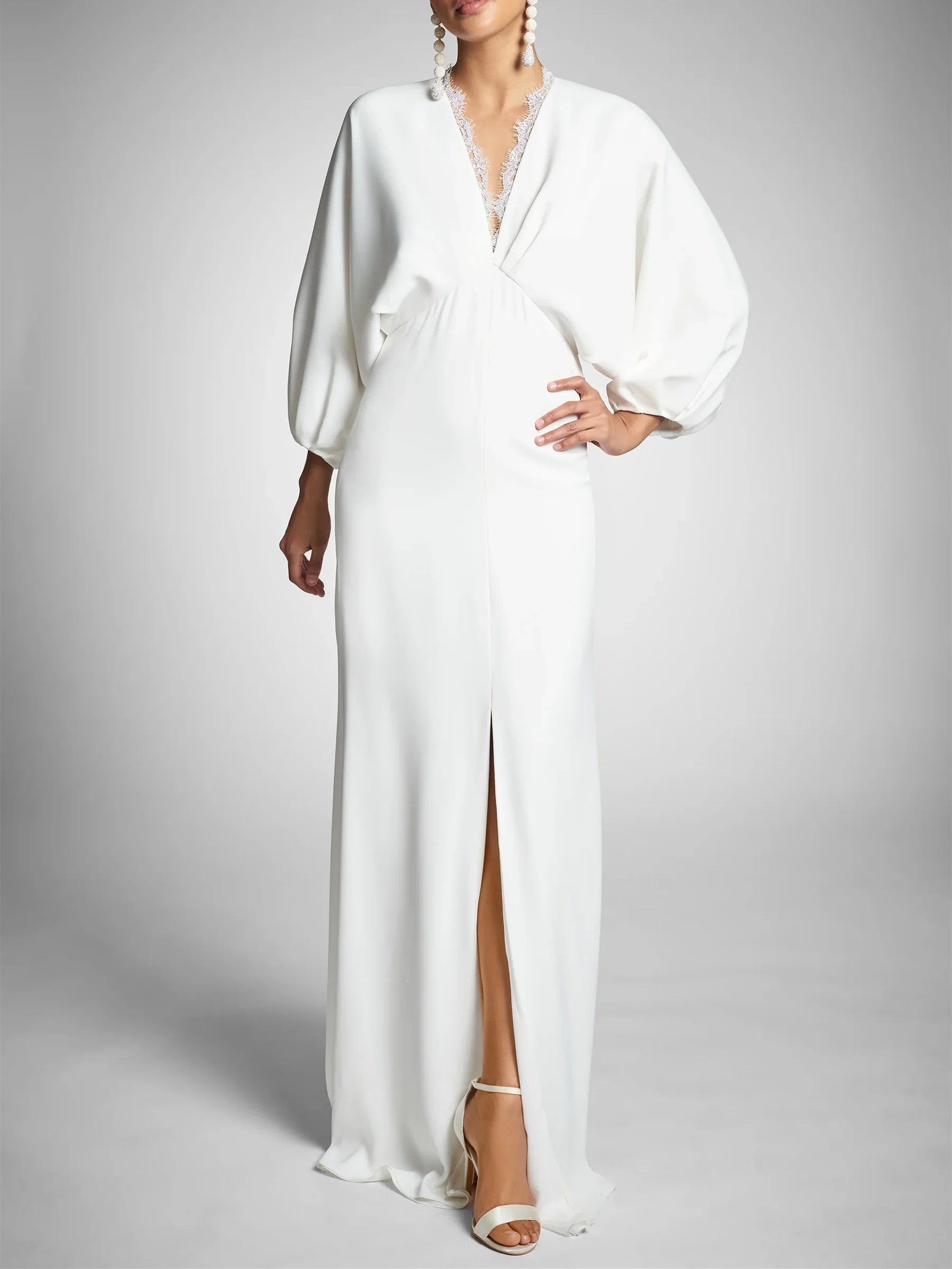 Tight fitting/column long sleeved V-neck and floor to ceiling wedding dress Crystal Wedding Dress