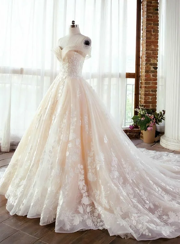 Wedding Dress, Long Tulle Prom Dress, With Lace Off The Shoulder Satin Wedding Dress
