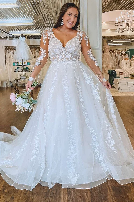 White Floral Lace Queen Anne Long Sleeve Wedding Dress Strapless Lace Dress