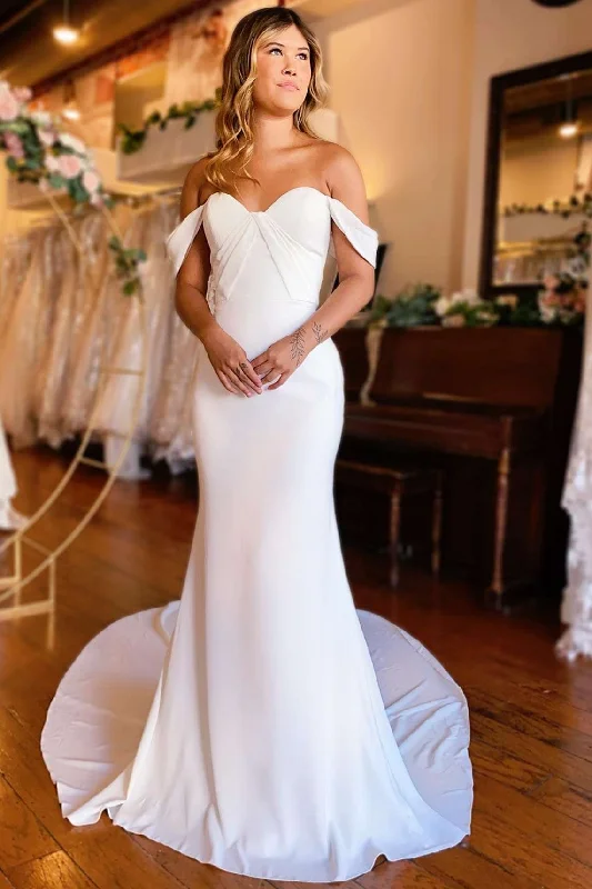 White Off-the-Shoulder Backless Mermaid Long Wedding Dress Classic Bridal Dress