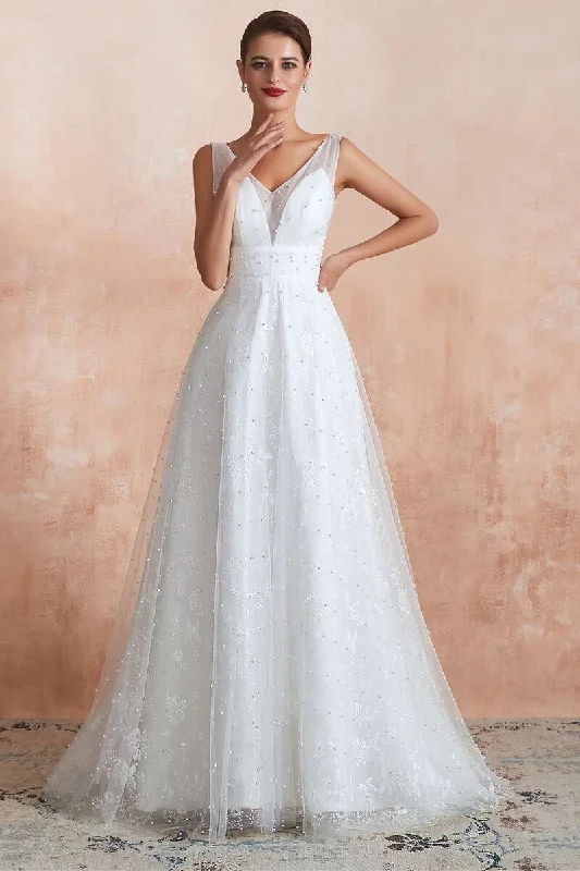 White Pearls V-Neck Backless A-Line Wedding Dress Sparkling Bridal Gown
