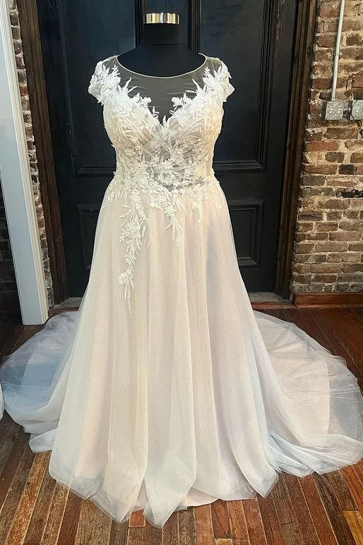 White Round Neck Cap Sleeve A-Line Long Wedding Dress Wedding Dress Style