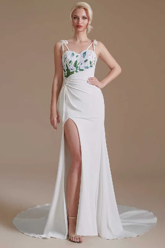 White Straps Appliques Backless Sheath Bridal Gown with Slit Mermaid Lace Gown