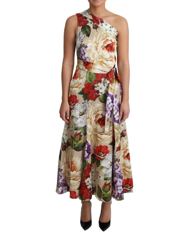 Dolce & Gabbana One Shoulder Floral Print Silk Maxi Dress