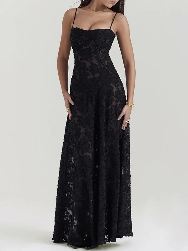 Spaghetti Strap Lace Black Long Dress