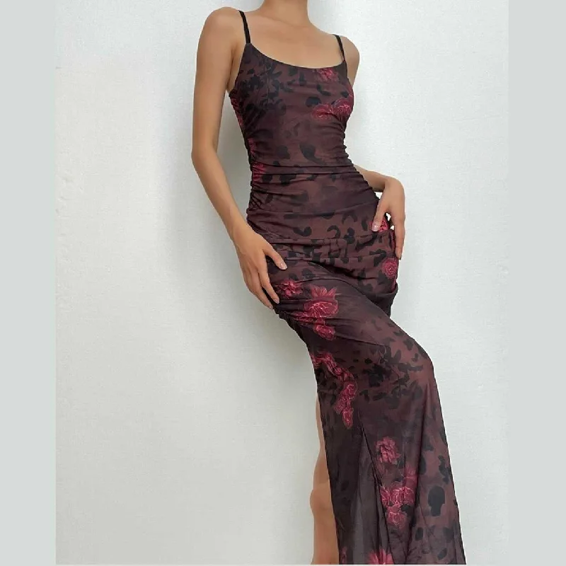 Flower print u neck contrast ruched slit backless cami maxi dress