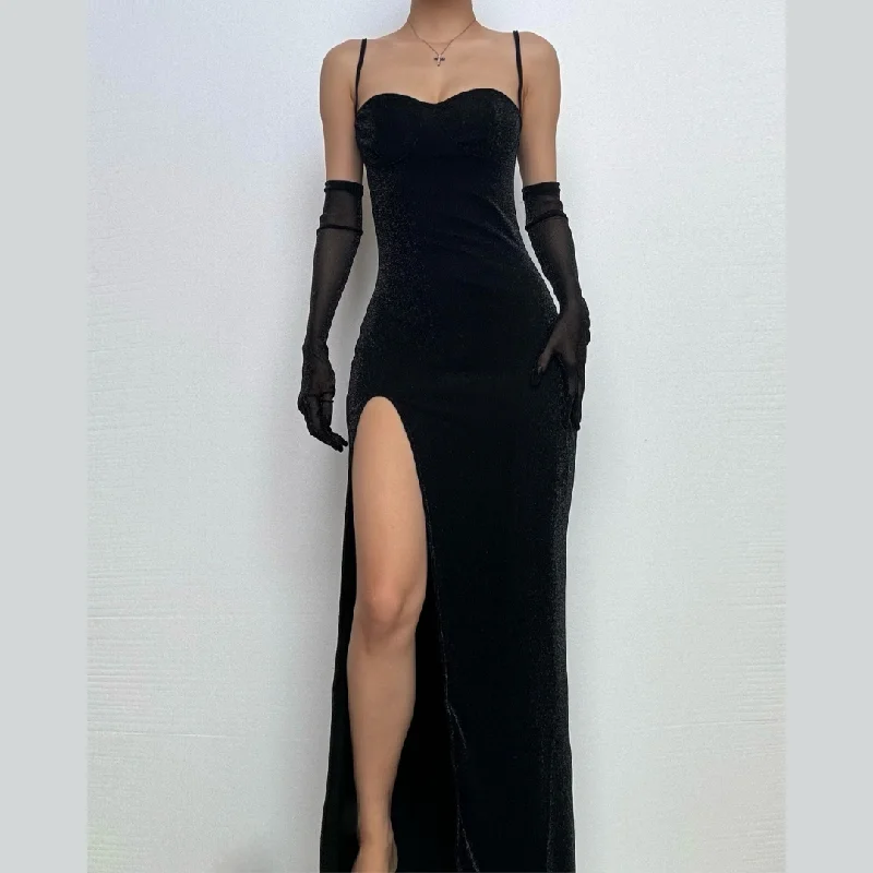 High slit gloves glitter sweetheart neck cami maxi dress