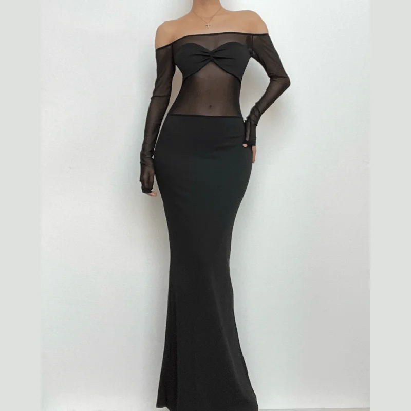 Ruched mesh patchwork off shoulder long sleeve slit maxi dress- Final Sale