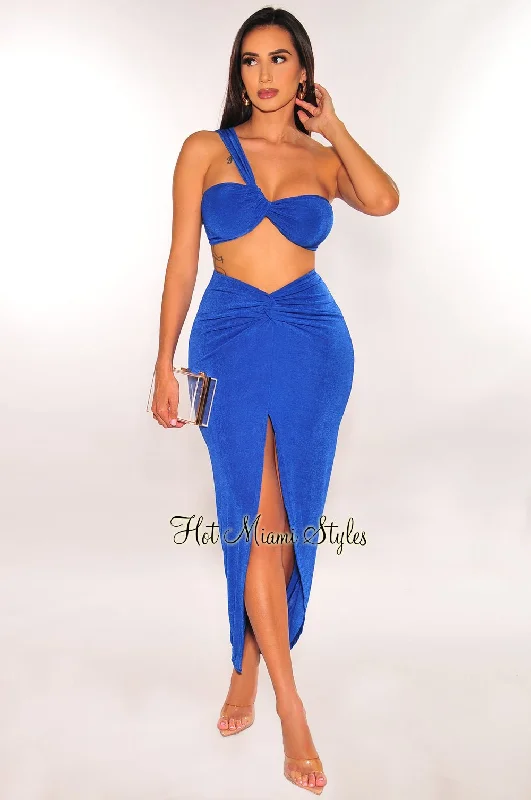 Royal Blue Ribbed One Shoulder Slit Knotted Skirt Two Piece Set High-end unclassified skirts Royal Blue Ribbed One Shoulder Slit Knotted Skirt Two Piece Set High-end unclassified skirts